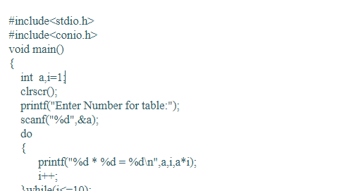 C Program to print table of a given number using do-while loop