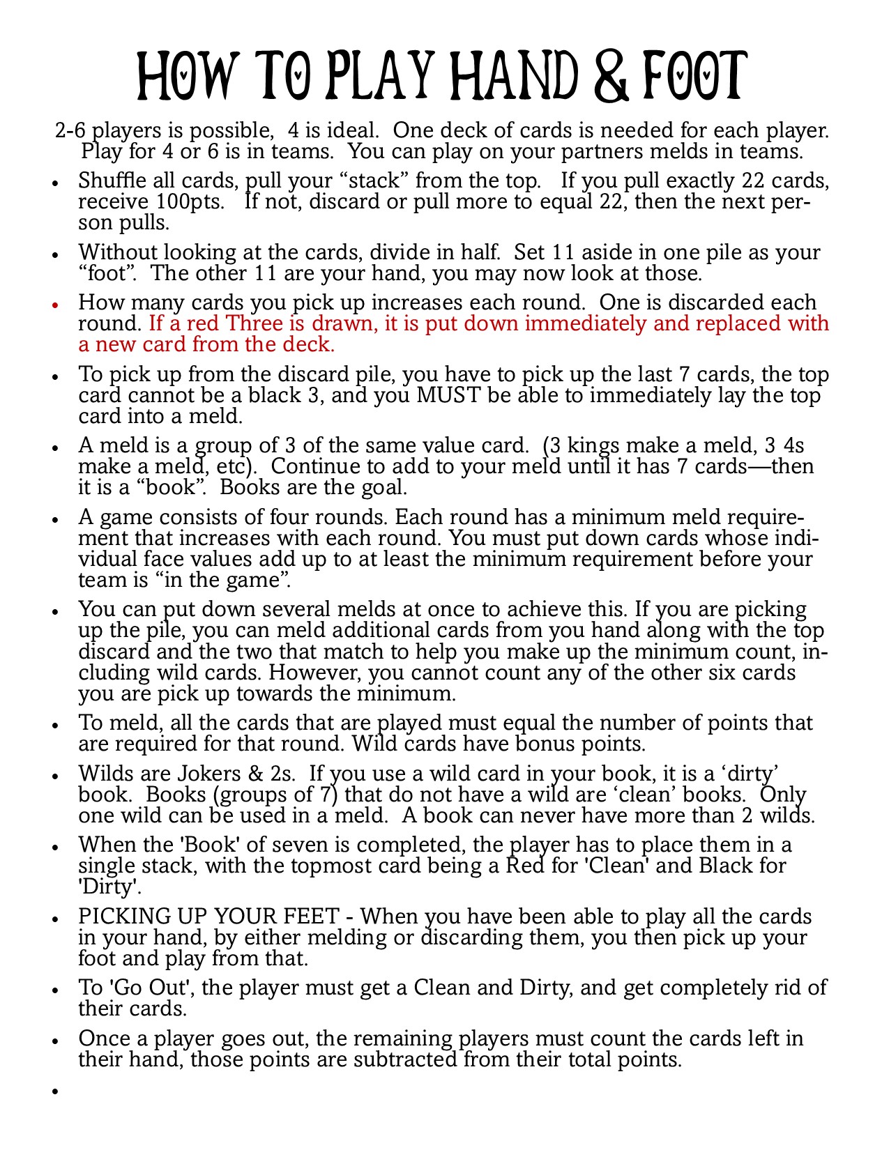 Hand and Foot Rules, Cheat Sheets, and Score