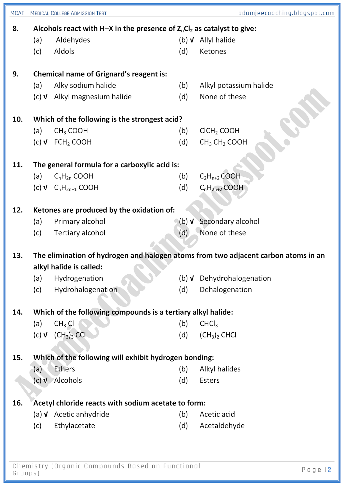 Adamjee Coaching MCAT Chemistry Compounds Based on Functional