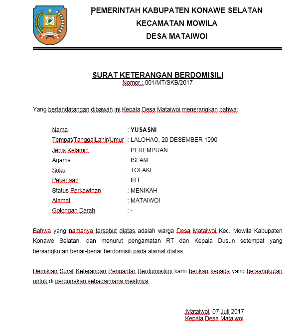 Contoh Surat Keterangan Pindah Domisili Dari Kepala Desa Kumpulan