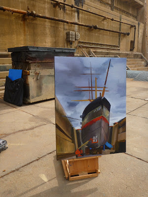 Plein air oil painting of tall ship James Craig in Garden Island Drydock painted by industrial heritage artist Jane Bennett