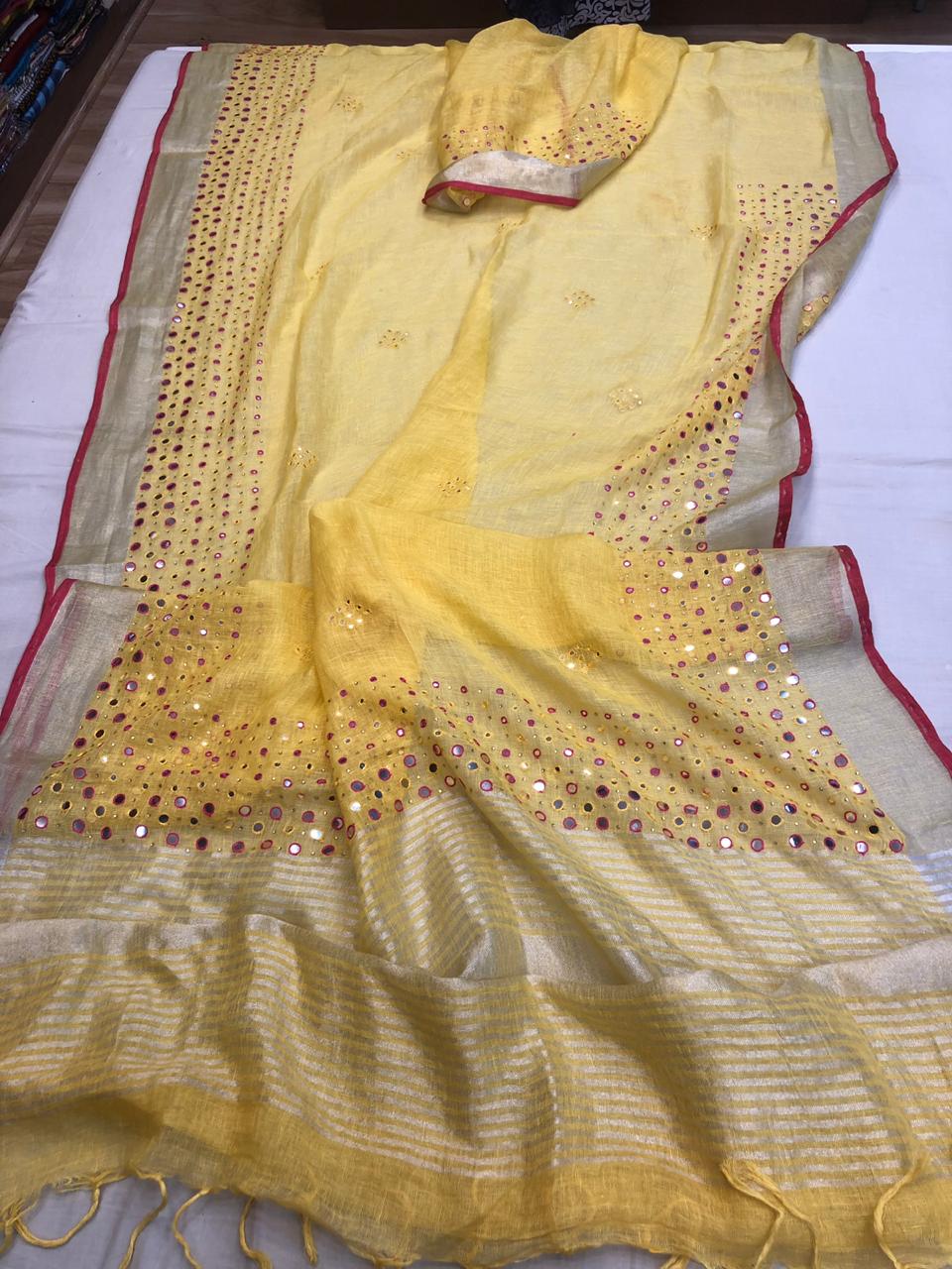 Designer Lenin Mirror Work Sarees