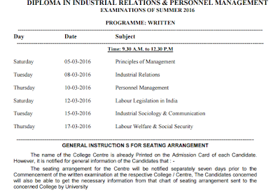 RTMNU Diploma in Industrial Relation Management Time Table Summer 2016
