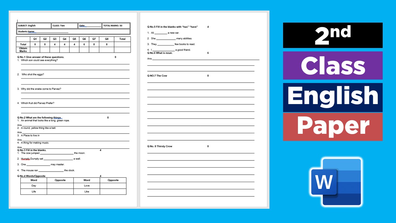Download Class 2 English Paper Template File Download MS Word Files
