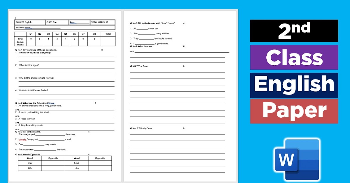 Download Class 2 English Paper Template File Download MS Word Files