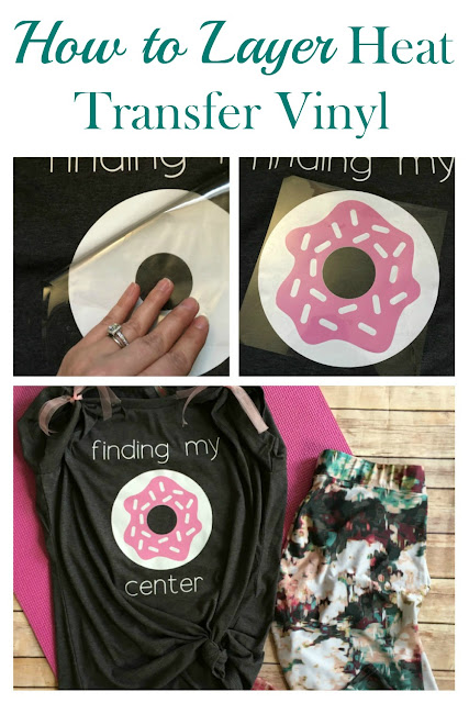 Make this yoga themed donut tee by layering heat transfer vinyl using a Cricut.