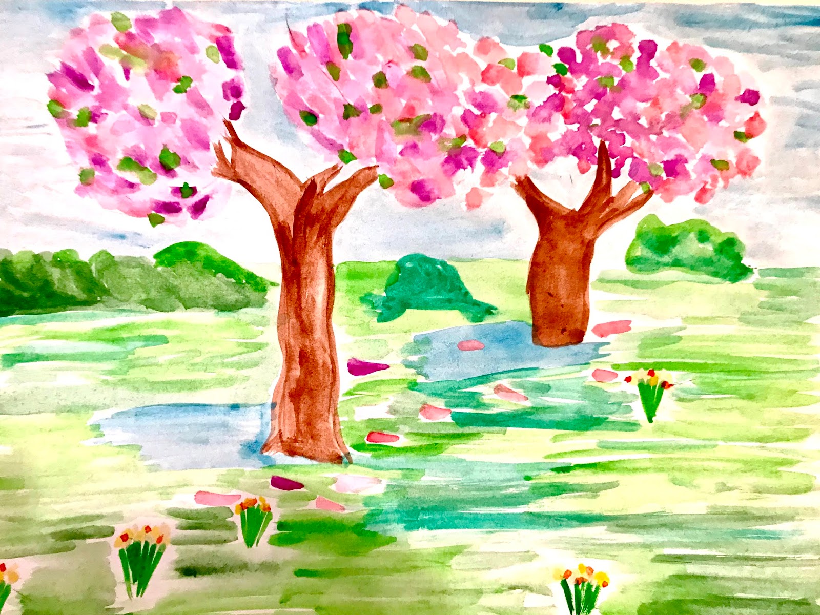 что можно нарисовать на весну. что можно нарисовать на весну. рисование цветущий сад. весенний пейзаж легкий для детей. что можно нарисовать на весну.