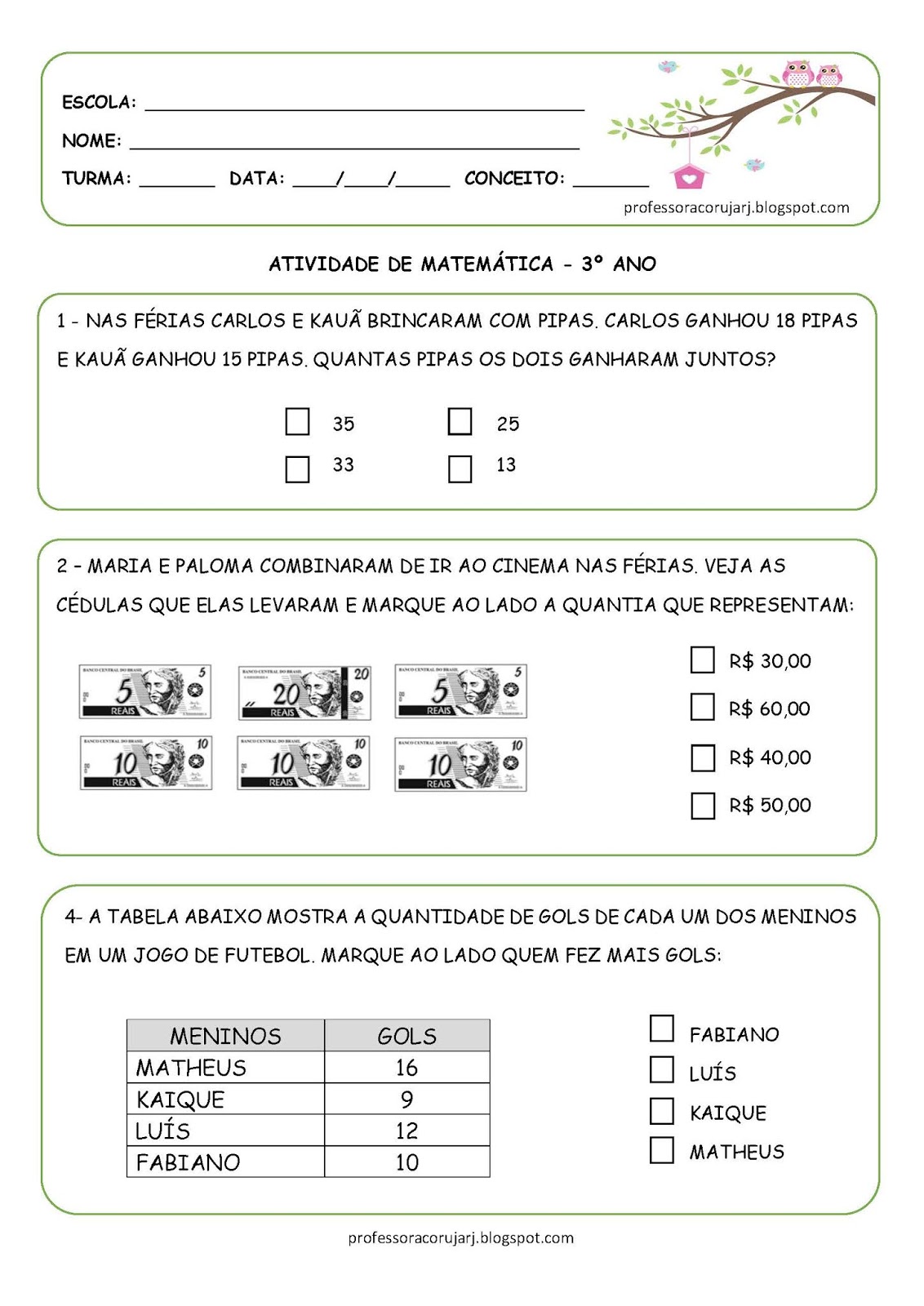 Professora Coruja Rj: Matemática - 3º ano