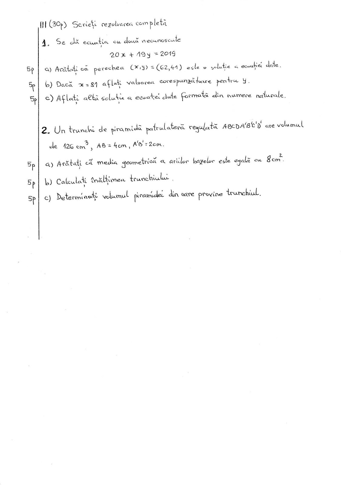 Teza Clasa 8 Sem 2 Matematica ogeometrie: TEZA la MATEMATICA Clasa 8 - semestrul 2