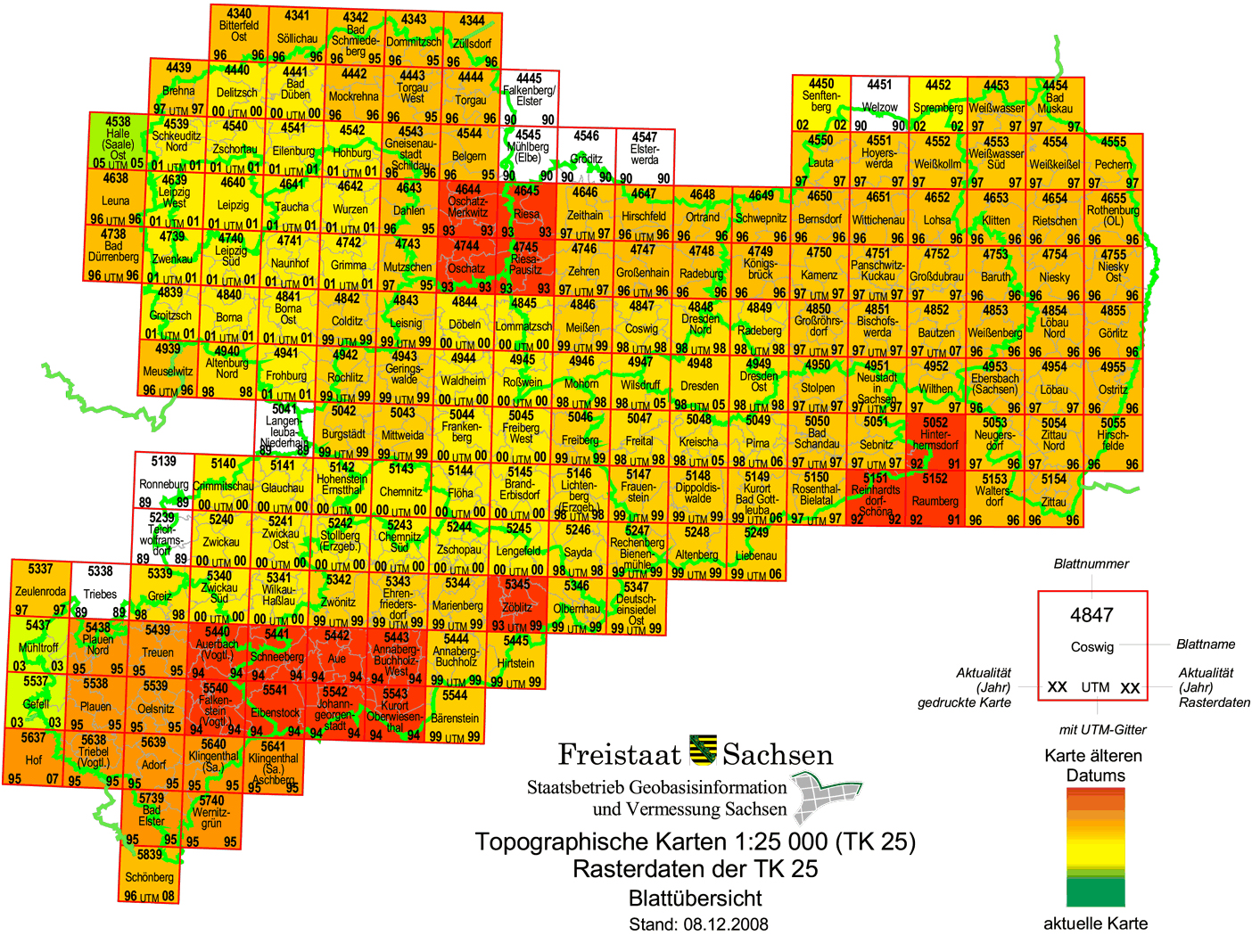 Topographische Landkarte von Sachsen 1:25.000 | Blattschnitte Index