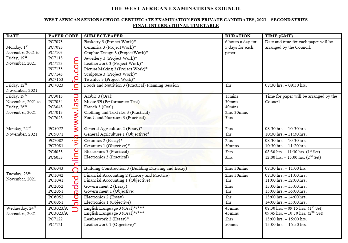 WAEC GCE Timetable Aug/Sept. 2nd Series [1st Nov 22nd Dec. 2021]