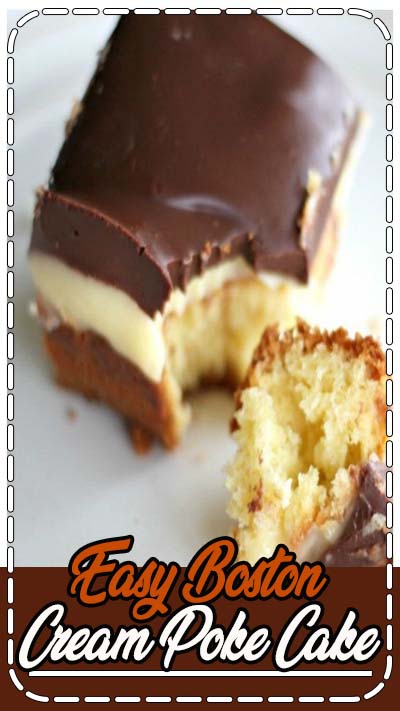 Boston Cream Poke Cake...yellow buttery cake filled with a french vanilla cream pudding and frosted with rich chocolate. Beyond doubt, this is a very heavenly dessert!