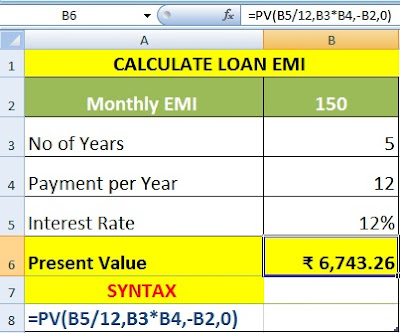 Calculate Present Value of Investment and EMI in Excel Using PV Function
