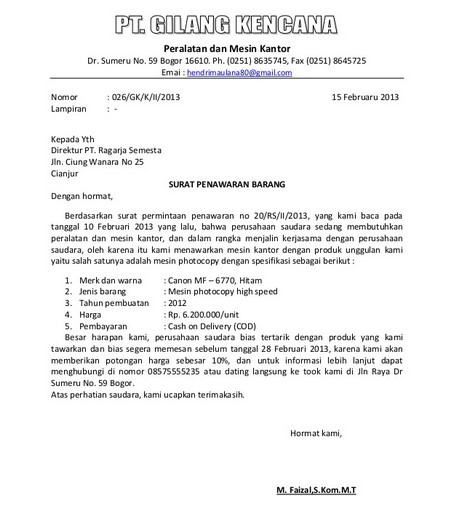 Contoh Surat Penawaran Barang Elektronik Semi Block Style