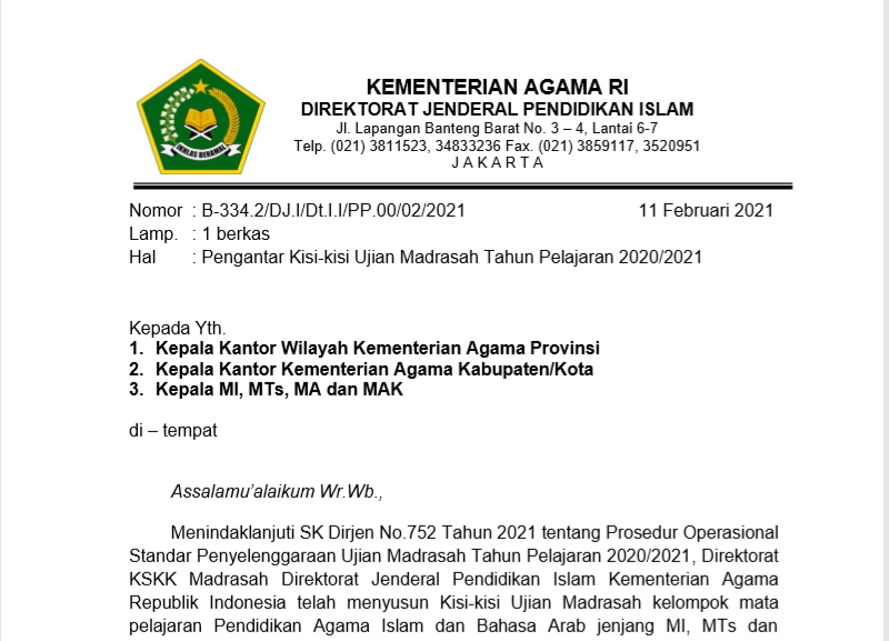 Kisi Kisi Ujian Madrasah Um Tahun Pelajaran 2020 2021 Mi Mts Ma Download Pdf 7pelangi Com