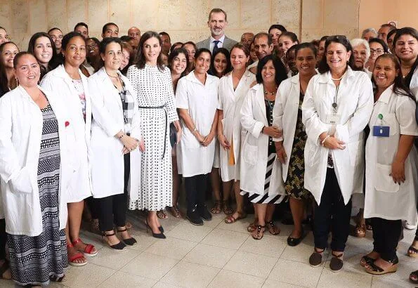 Queen Letizia wore a print dress by Massimo Dutti. Massimo Dutti print dress. Hugo Boss fanila clutch, Carolina Herrera shoes