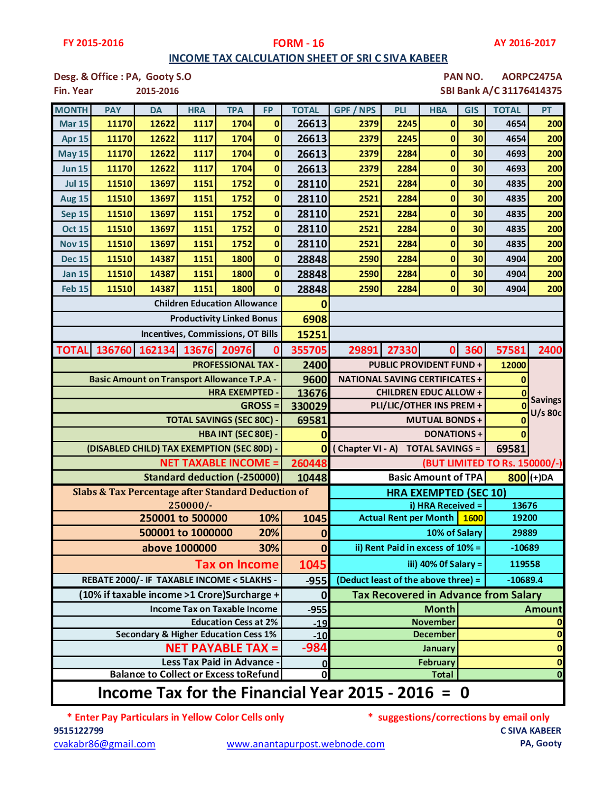 Income Tax Calculation Sheet with Excel Calculator | PO TOOLS