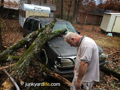 Lucky that the vintage Yellowstone camper did not suffer damage.