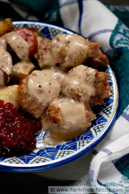 A family recipe for Swedish meatballs. Lightly spiced with allspice and cream, these beef and pork meatballs bake in the oven for a taste of the holidays any time of year.