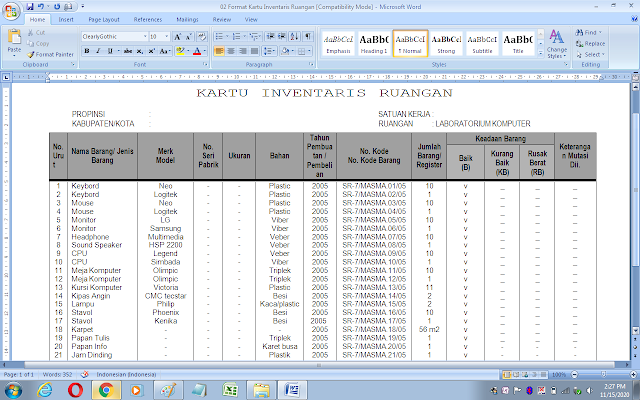 Contoh daftar inventaris barang laboratorium komputer