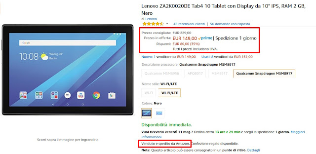 Offerta Amazon: Lenovo Tab 4 10 a 149 euro venduto e spedito da Amazon