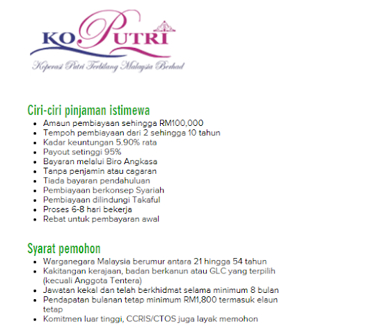 Pembiayaan Peribadi Islamik Tunai Express KOPERASI PUTRI TERBILANG