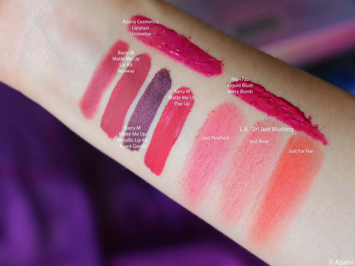 July Favorites 2019 - Barry M Matte Me Up Lip Kit Runway, Avant Garde Metallic, Pop up - Azami Cosmetics Lip gloss Umbridge - Nip+Fab Liquid Blush Berry Bomb - LA Girl Just Blushing Just Pinched Just Rosy Just For Fun - Review & Swatches - It's Azami Paris London Beauty Blogger Makeup Artist July Favorites 2019 - Barry M Matte Me Up Lip Kit Runway, Avant Garde Metallic, Pop up - Azami Cosmetics Lip gloss Umbridge - Nip+Fab Liquid Blush Berry Bomb - LA Girl Just Blushing Just Pinched Just Rosy Just For Fun - Review & Swatches - It's Azami Paris London Beauty Blogger Makeup Artist