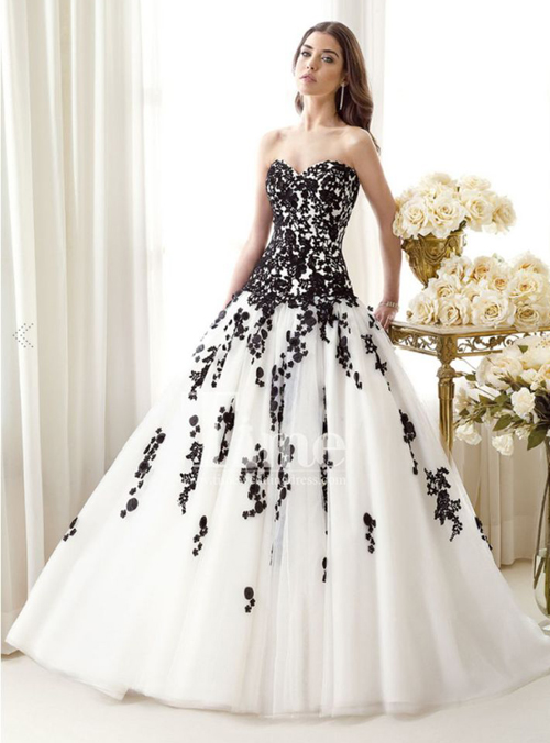 sweetheart black and white wedding dress