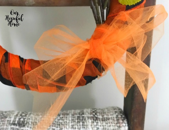orange glitter tulle bow on fall wreath