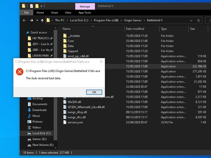 Lo stub ha ricevuto un messaggio di errore di dati errati su Windows 10