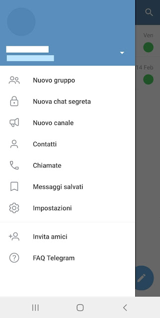 Telegram Messenger per Android menu