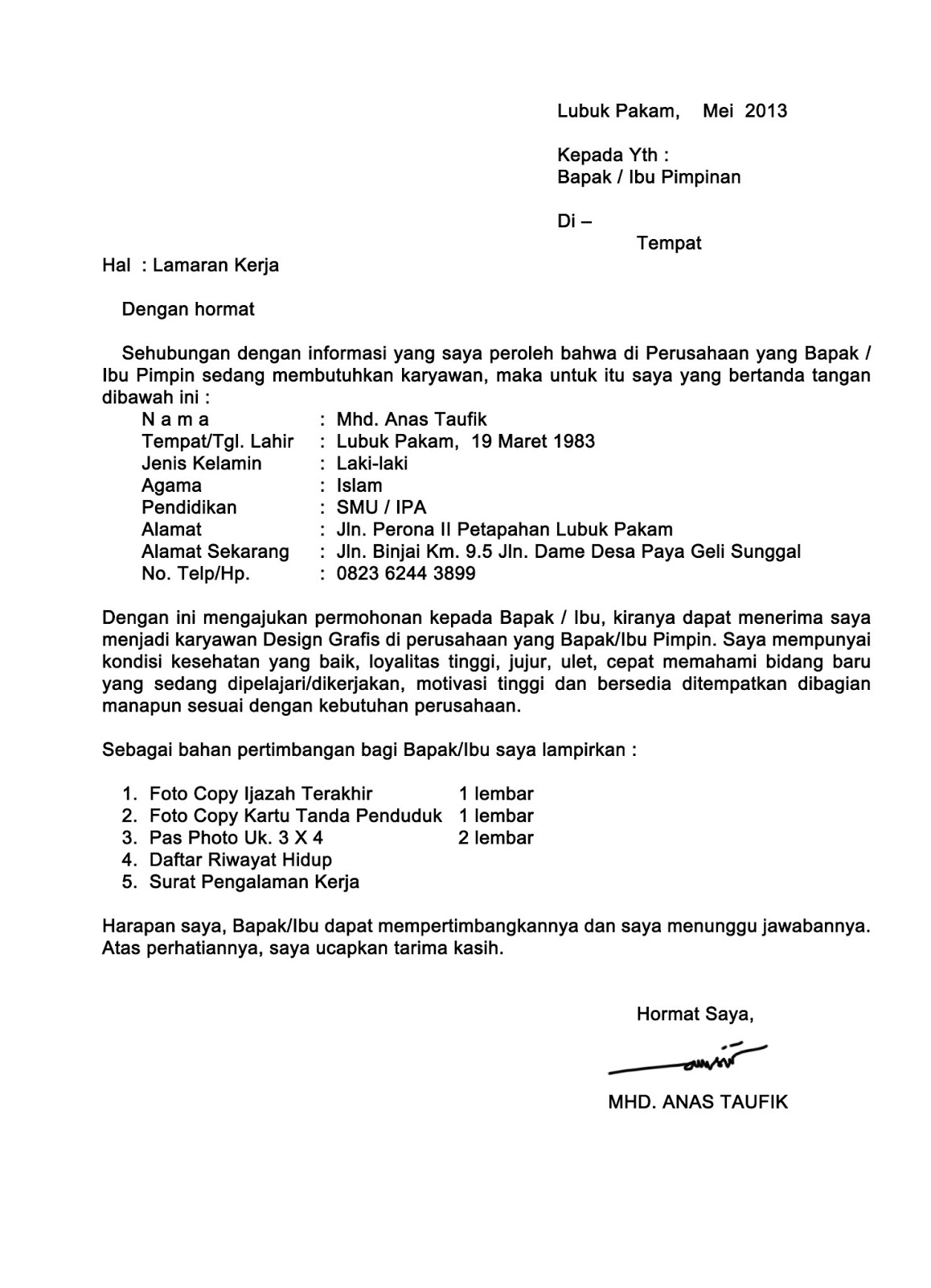 CONTOH SURAT LAMARAN KERJA BANK TERBAIK