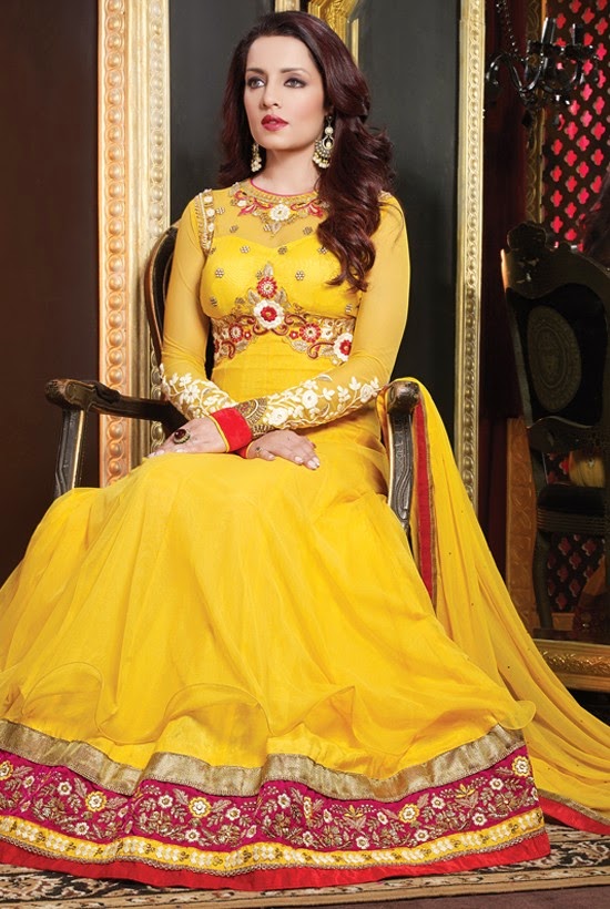 Net Yellow Designer Embroidery Anarkali Suit with Dupatta
