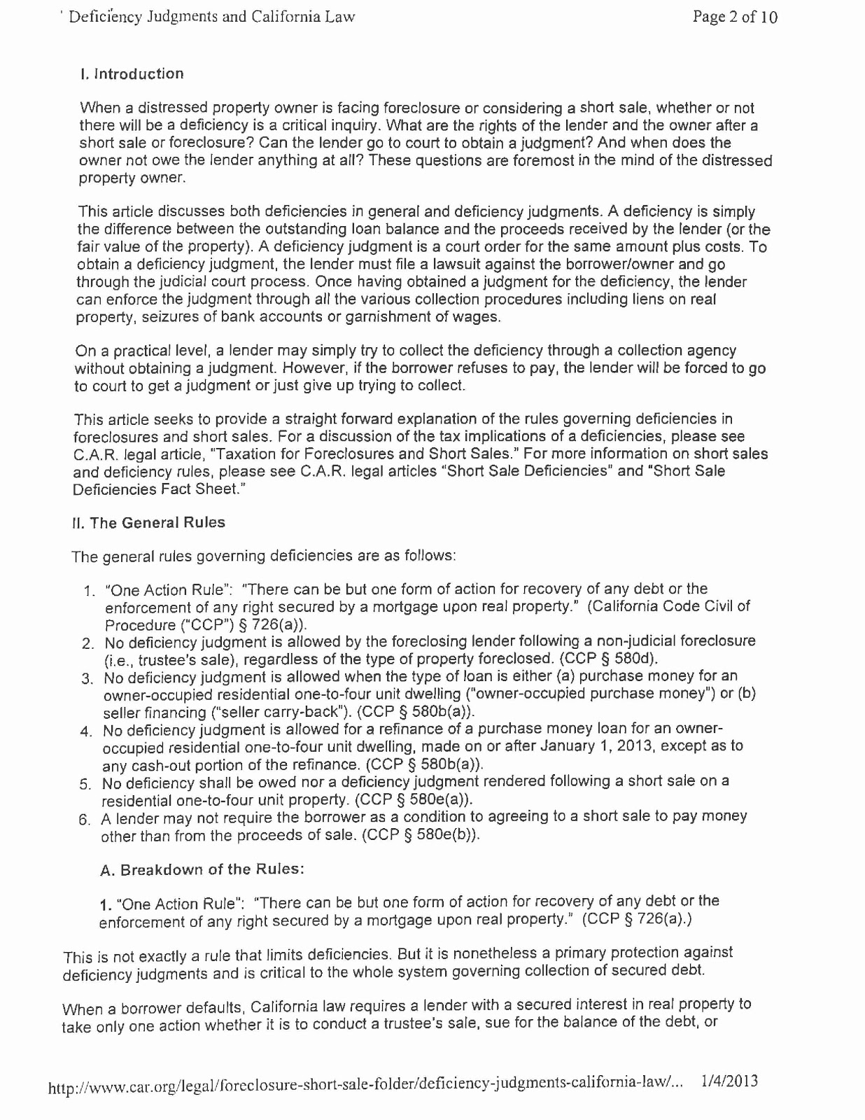 Industry / Legal Updates 2 of 3 Deficiency Judgements and California Law