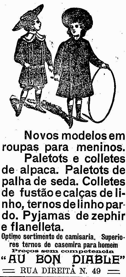 Propaganda da loja 'Au Bon Diable' em 1909 com moda para crianças.