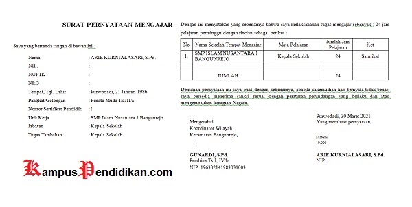Download Surat Pernyataan Aktif Mengajar 24 Jam Untuk