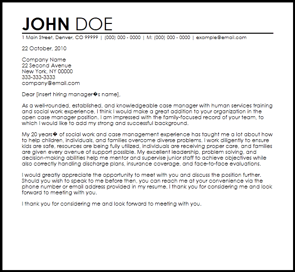 Case Manager Cover Letter Template Resume Letter