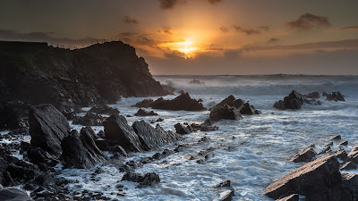 HD Wallpaper Landscape Sunset, Sa, Rocks, Waves