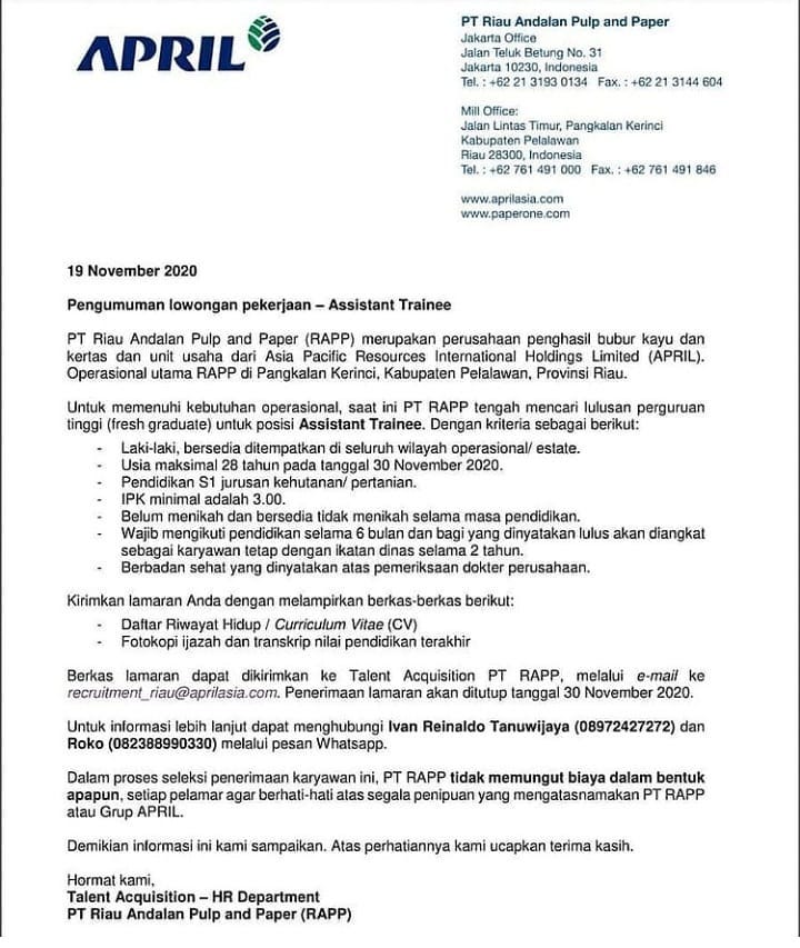 Lowongan Kerja Pt Riau Andalan Pulp And Paper Rapp 2020 Karir Riau