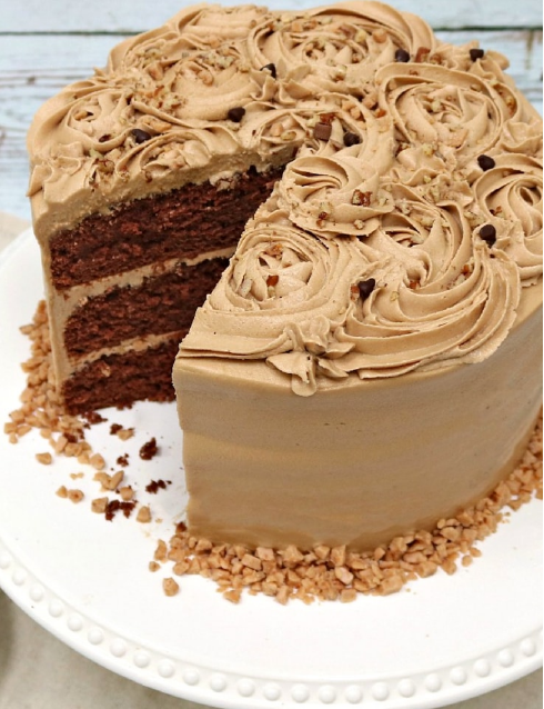 Mocha Toffee Crunch Cake - If you are a fan of the flavor combination of chocolate and coffee, you are going to fall in love with this amazing Mocha Toffee Cake recipe! This cake consists of rich chocolate cake layers topped in pecans and toffee, and frosted with a thick and flavorful layer of Mocha Buttercream Frosting! Mocha Toffee Crunch Cake - If you are a fan of the flavor combination of chocolate and coffee, you are going to fall in love with this amazing Mocha Toffee Cake recipe! This cake consists of rich chocolate cake layers topped in pecans and toffee, and frosted with a thick and flavorful layer of Mocha Buttercream Frosting!