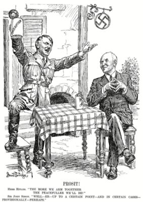 Bernard Partridge, a cartoonist, depicts Adolf Hitler and John Simon in the cartoon “Prosit!” [Cheers!] in the British satirical magazine Punch (27 March 1935).