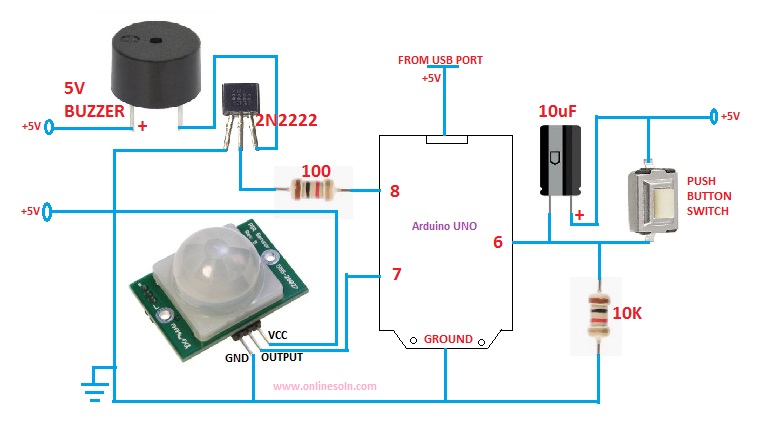 A Burglar Alarm using Arduino and PIR Sensor | circuit diagram