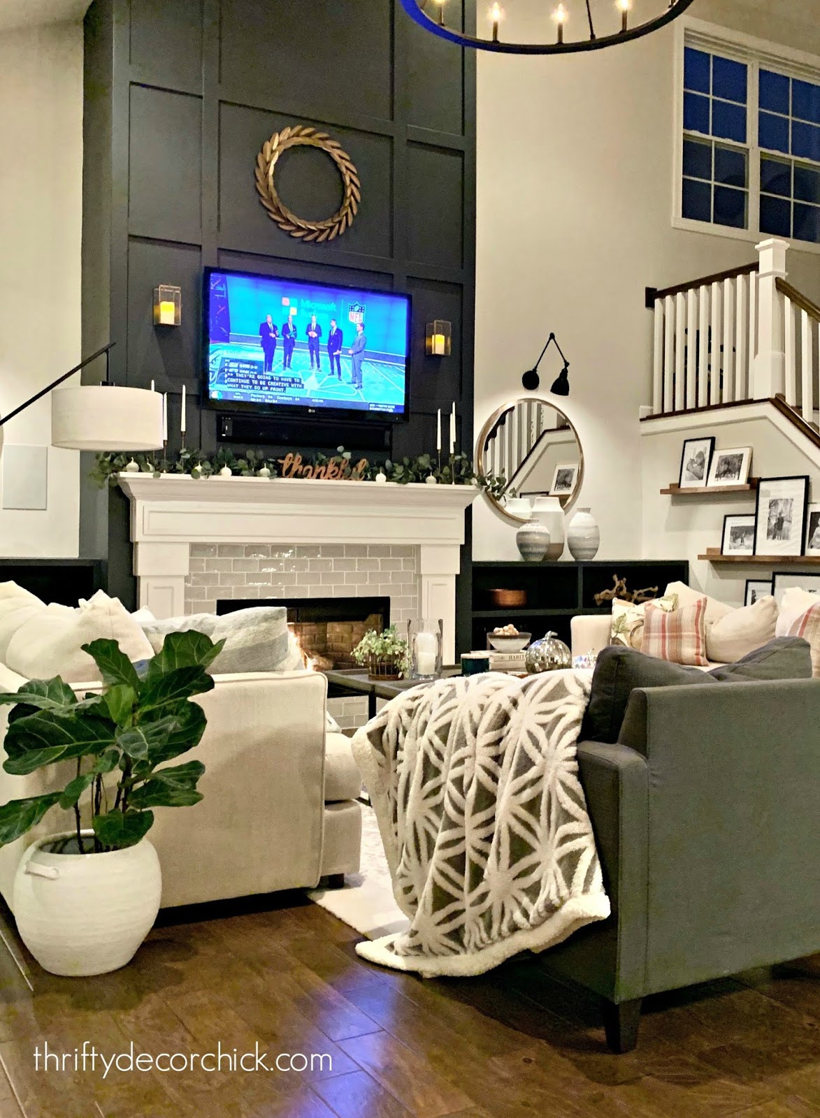 Tall dark fireplace family room 