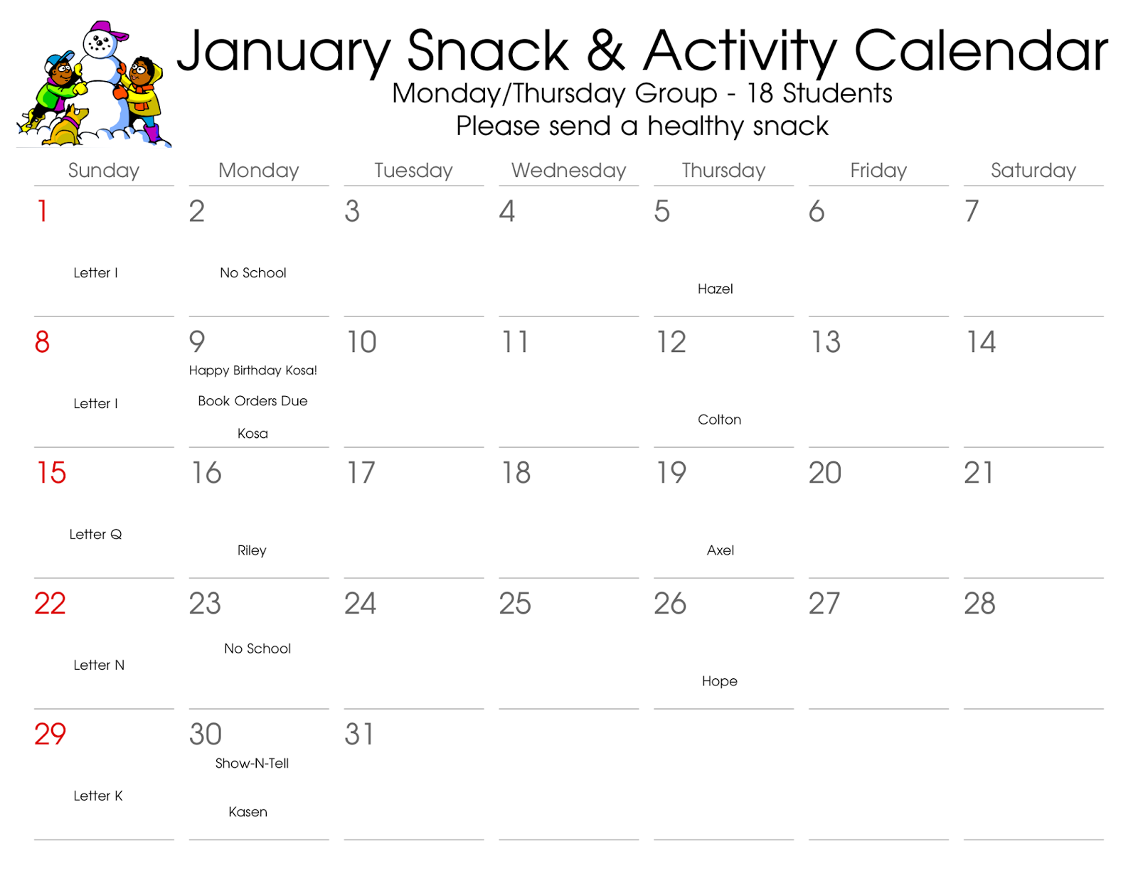 Underwood Preschool January Snack Calendars