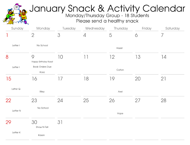 Underwood Preschool: January Snack Calendars