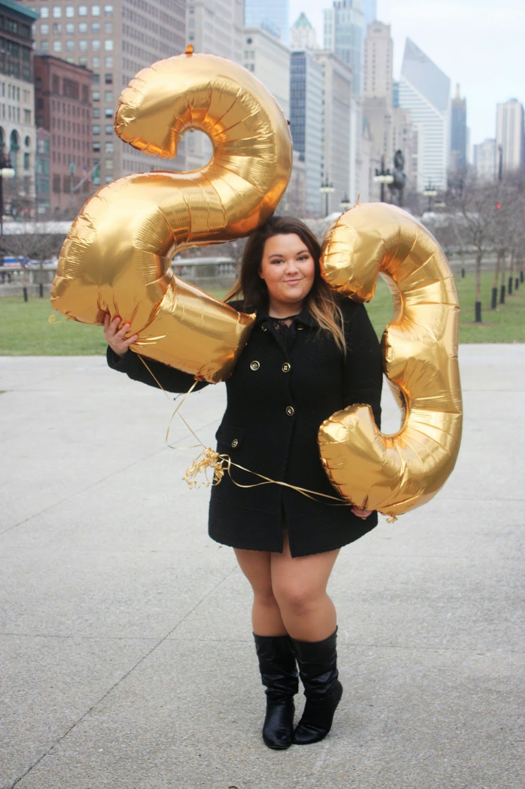 fatshion, fashion blogger, fat girl fashion, happy birthday, gold number balloons,  feeling 22, 23rd birthday, natalie craig, natalie in the city, betsey Johnson coat, skirt, thick girls, plus size fashion blogger, inspirational, college graduate, columbia college chicago, USA today, steve harvey show, embrace your curves