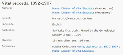 Screen capture of the description for the collection, Vital records, 1892-1907, containing film 10066.