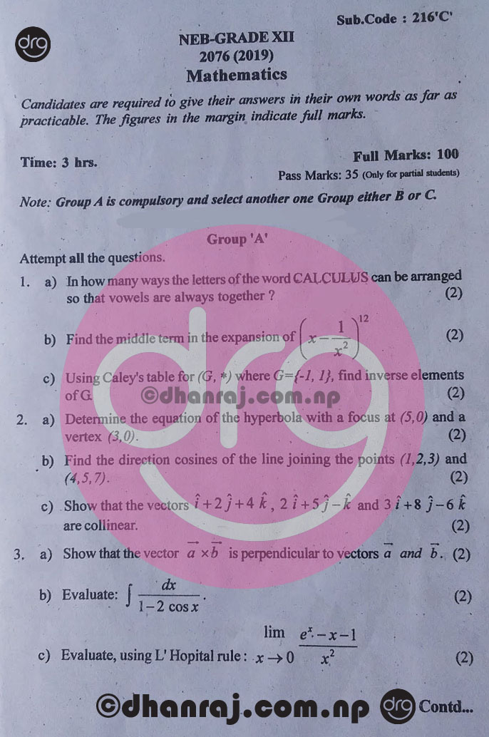 Mathematics | Grade 12-XII | Question Paper 2076 [2019] | Sub. Code ...