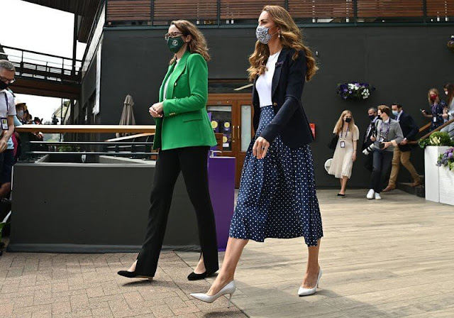 Kate Middleton wore a new pleated polka-dot silk midi skirt by Alessandra Rich, and duchess wool blazer by Smythe