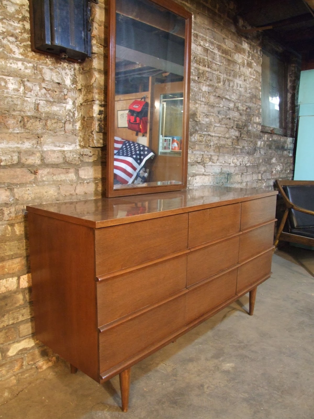 Mid Century Chicago Walnut Lowboy Dresser with Mirror